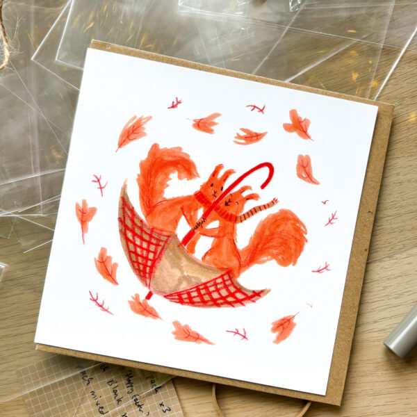 Squirrels holding umbrella in wind greeting card illustration