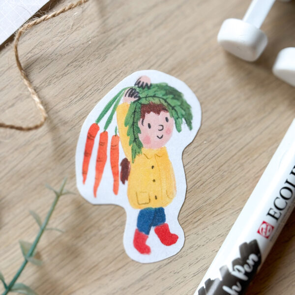 Little girl gardening with carrots sticker illustration