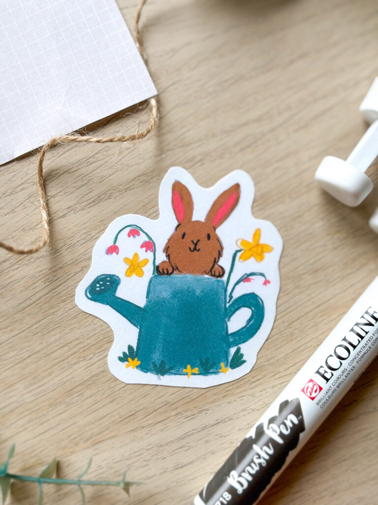 Brown bunny rabbit watering can sticker spring illustration