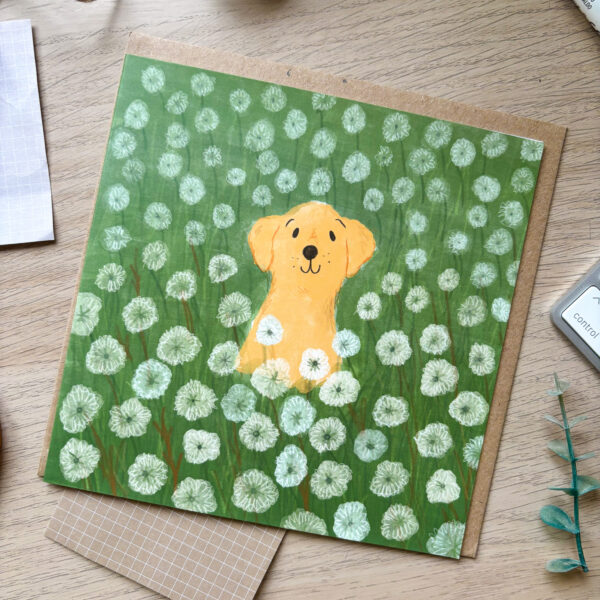 Lucy Dillamore Stationery Yellow Labrador in Dandelion Field Greetings Card