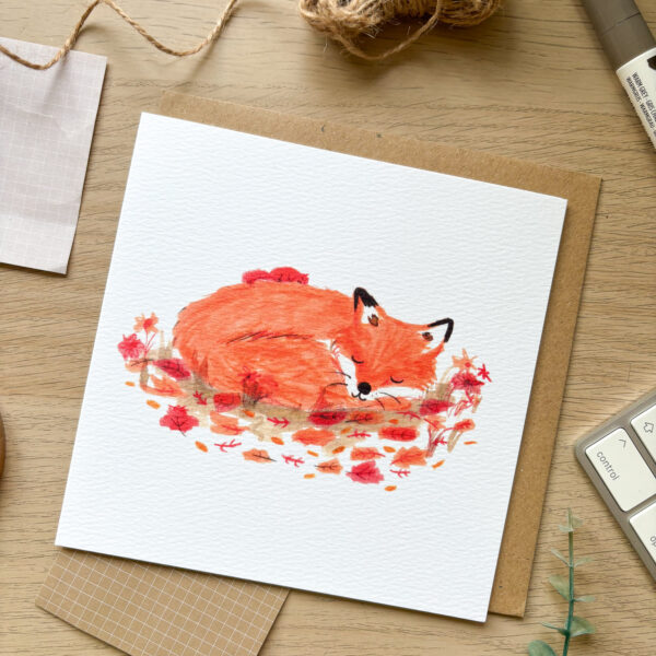 Sleeping fox and squirrel greeting card illustration