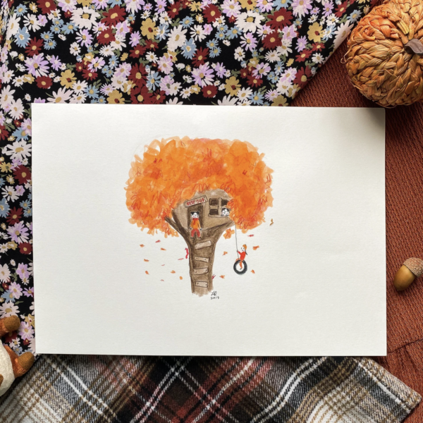 Autumn Treehouse Illustration, Original Watercolor Pencil Drawing (253mm x 202mm)