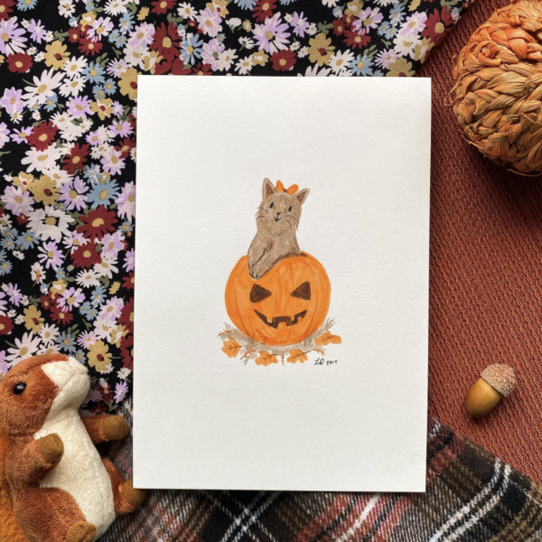 Pumpkin Cat Watercolor Illustration, Autumn Fall Art (210mm x 149mm)