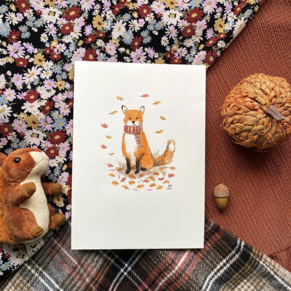 Fox in Scarf Watercolor Illustration, Autumn Art (210mm x 149mm)