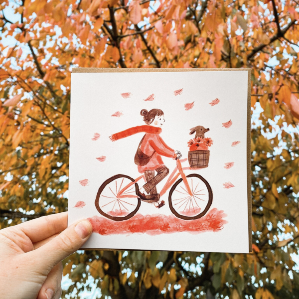 Autumn Cyclist & Dachshund Greetings Card